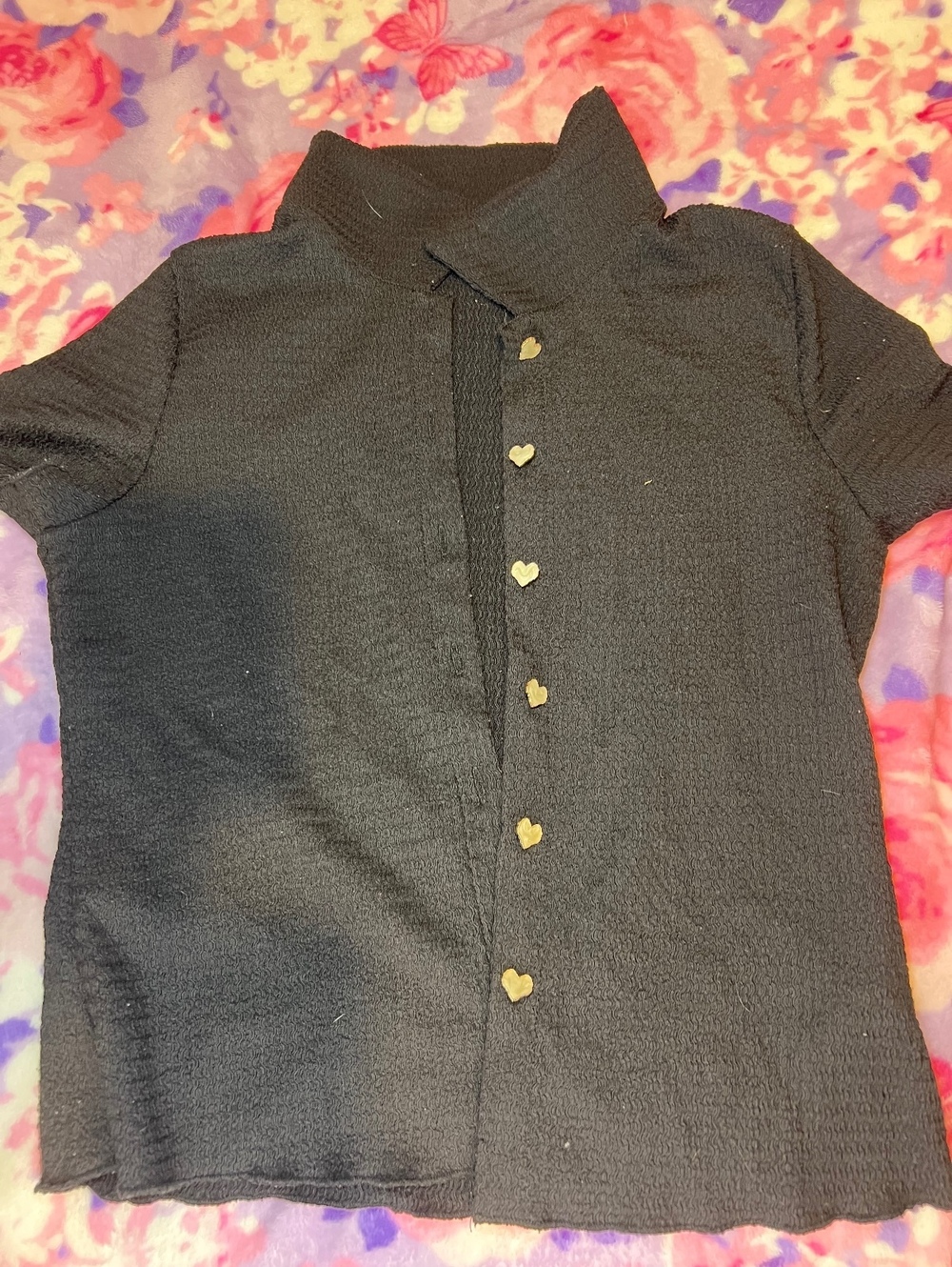 SHEIN Black Heart Button Textured Knit Top Size L
